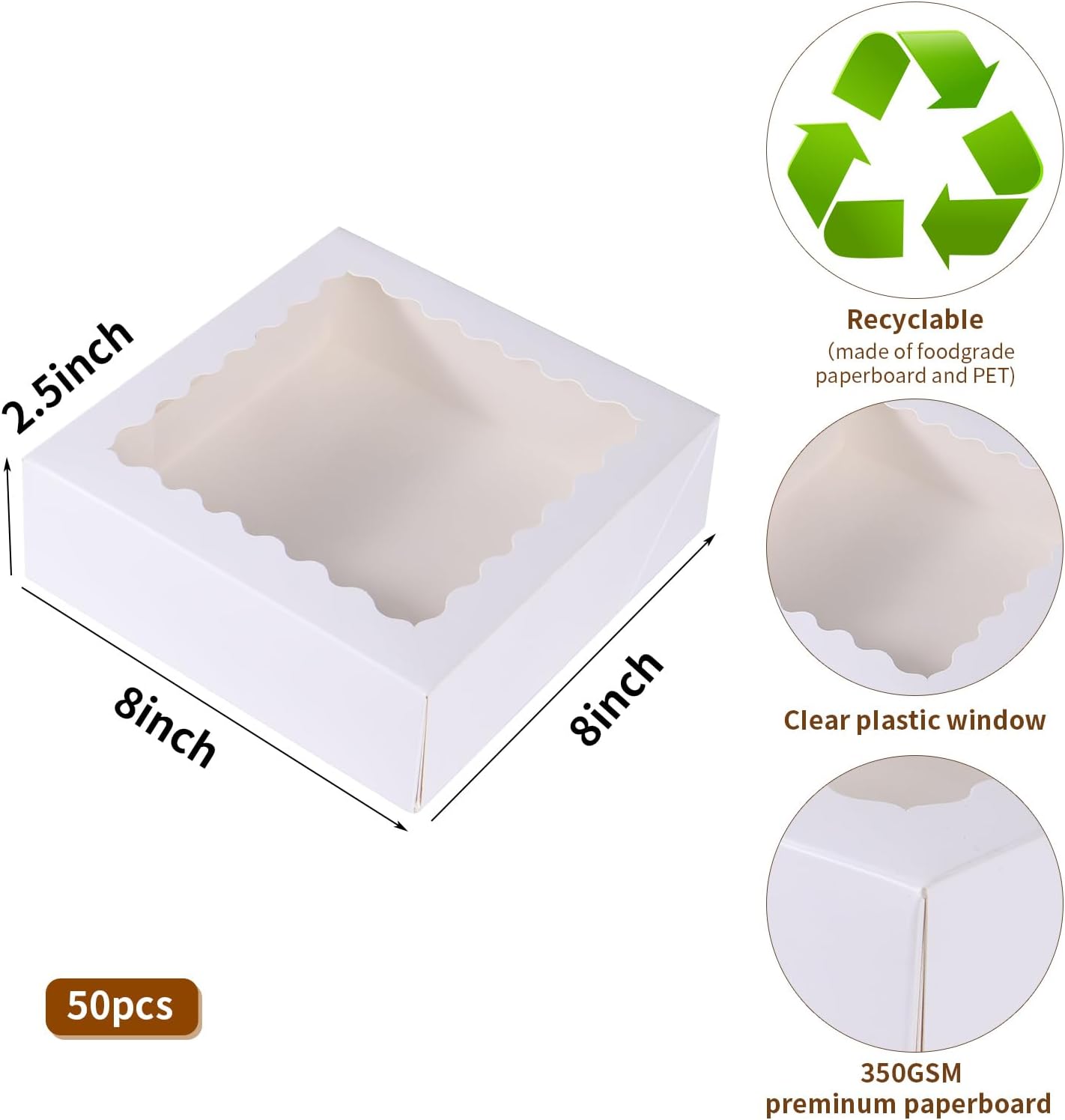 24 pcs12x12x3 Inch Bakery Boxes with Window, White 12 inch Cake Pastry large Pie Cookie Box for Dessert,strawberry,Chocolates Boxes