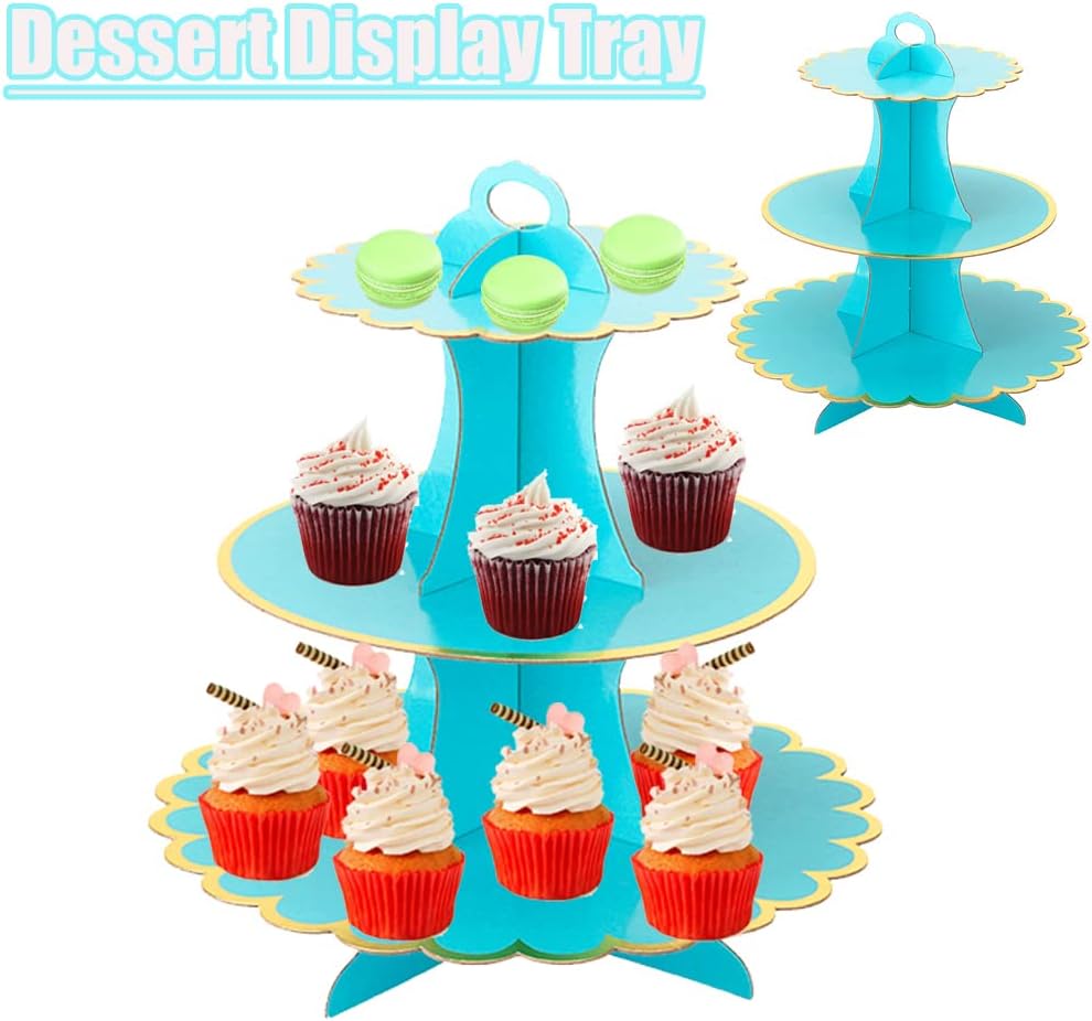 MRPAPA Pink Cardboard Cupcake Stand,2PCS Cup Cake Holder Thick Paper Dessert Tray, 3-Tier Round Serving Tray Perfect for Baby Girls Pink and Gold Birthday Baby Shower Party Supplies