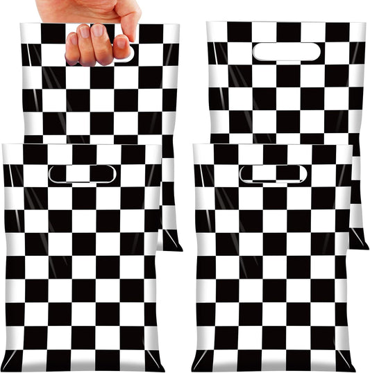 FunnyPars 50 Pcs Iridescent Checkered Race Car Party Favor Bags, Plastic Black and Iridescent Car Goodie Treat Bags, Racecar Laser Plaid Gift Bags for Kids Fast Race Car Birthday Party Decorations