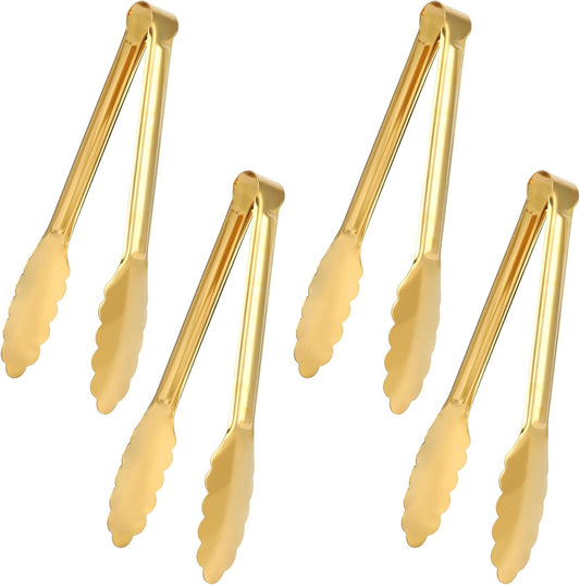 Sunenlyst 4 Pack Gold Buffet Tongs, 9 Inch Stainless Steel Serving Tongs for Food, Salad, Steak, Appetizer, Snack and Small Food (GOLD, 9INCH)