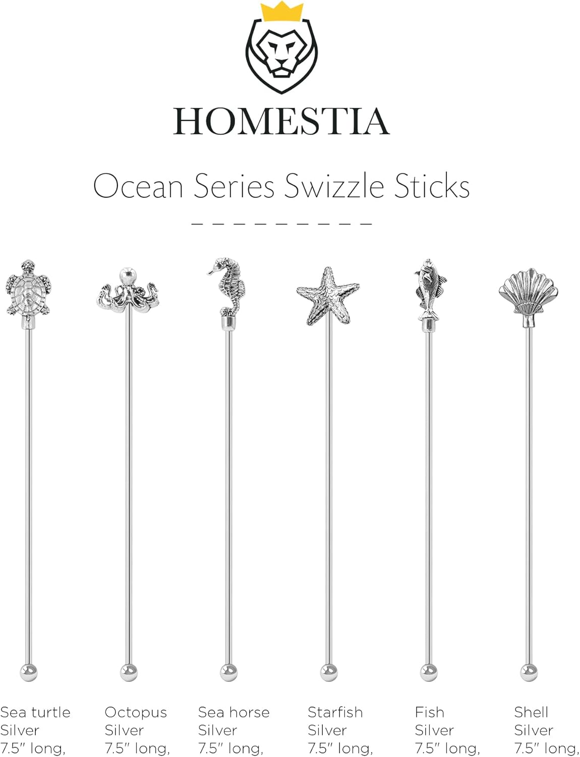 Homestia 7.5" Stainless Steel Cocktail Stirrers with Cute Animal Design, Set of 6 Reusable Swizzle Sticks for Coffee, Martini, Drinks - Dishwasher Safe Metal Bar Tools Stir Sticks