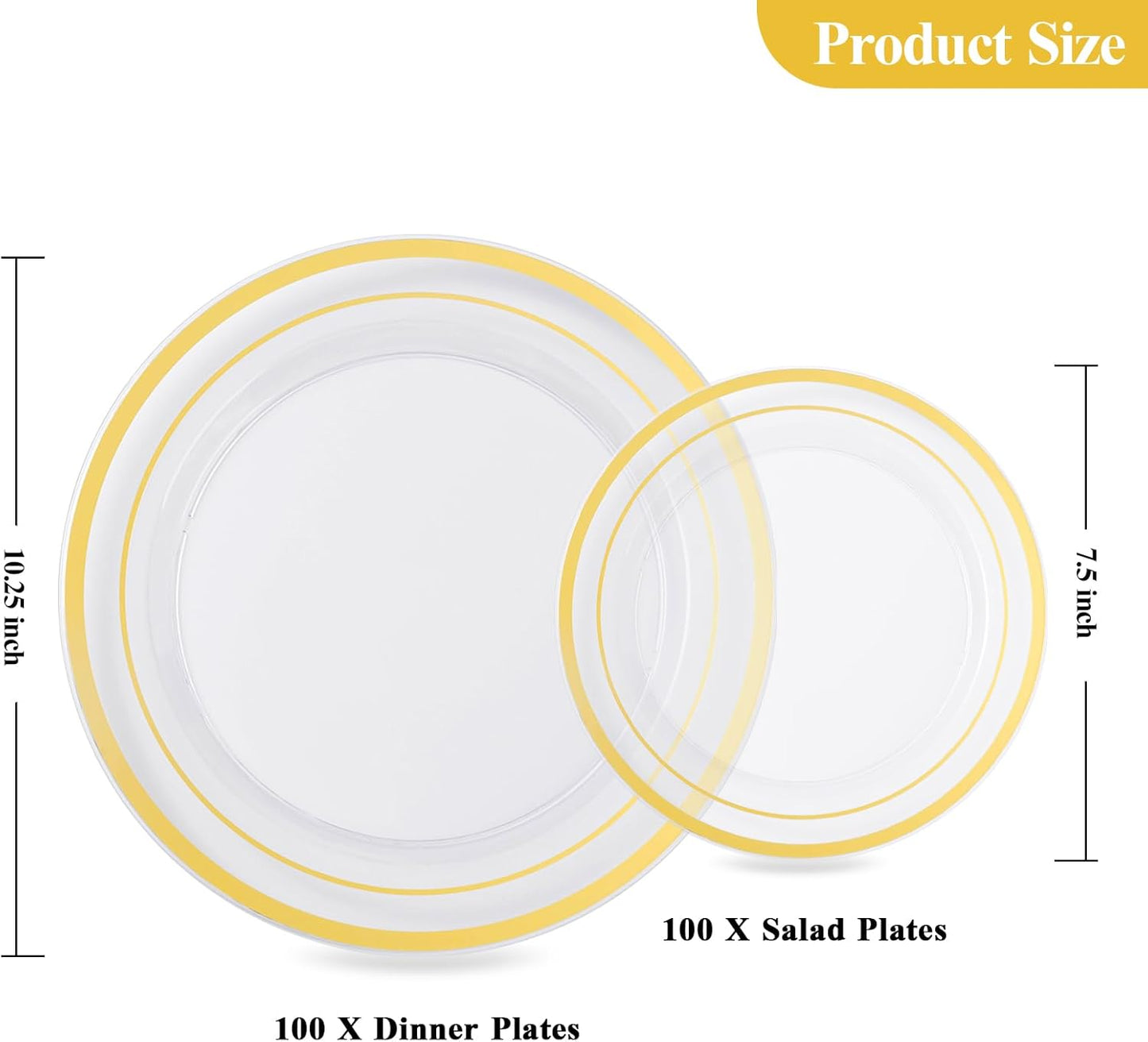 Goodluck 200PCS Gold Plastic Plates, Heavy Duty Disposable Gold Plates with 100 10.25 inch Dinner Plates and 100 7.5 inch Dessert Plates for Party, Holiday, Wedding, Thanksgiving