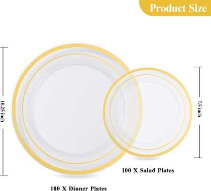 Goodluck 200PCS Gold Plastic Plates, Heavy Duty Disposable Gold Plates with 100 10.25 inch Dinner Plates and 100 7.5 inch Dessert Plates for Party, Holiday, Wedding, Thanksgiving