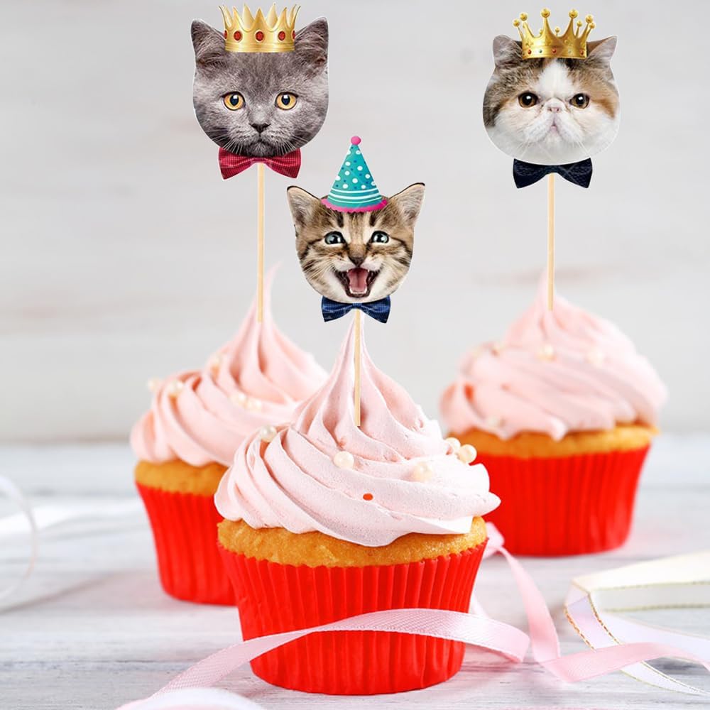 Pet Cat Cupcake Toppers,24 PCS Cats Cake Topper,Cat Birthday Decorations,Cat Party Decorations
