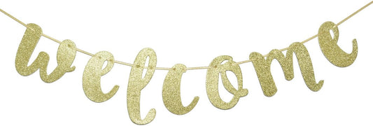 Welcome Gold Glitter Hanging Sign Banner - Reusable Decorations for First Day of School, Classroom, Wedding, Graduation, Home Decor