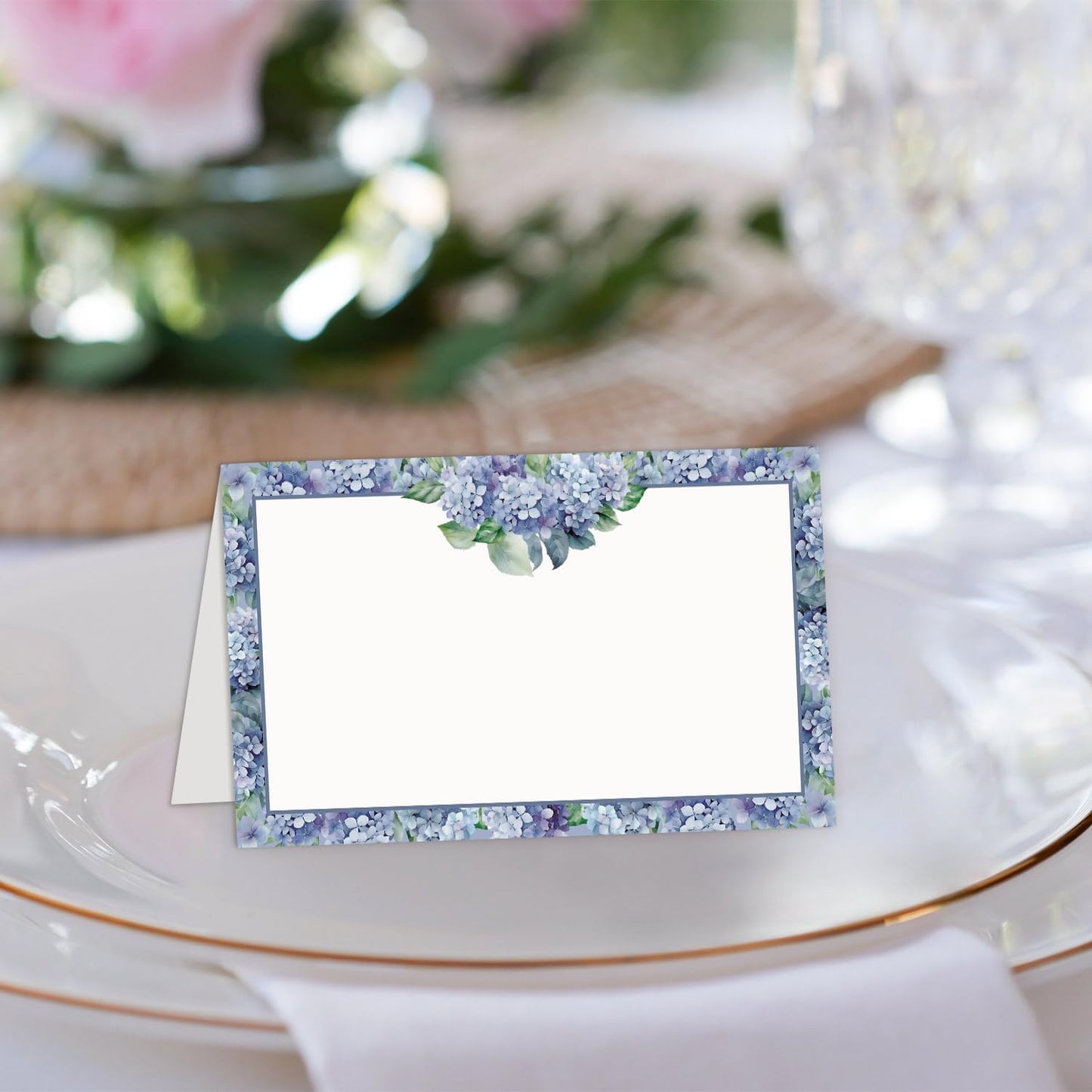 25 Pcs Hydrangea Floral Place Cards, Purple Blank Tent Name Cards for Food Buffet, Dinner Party, Wedding Reception, Bridal Shower Table Setting -06