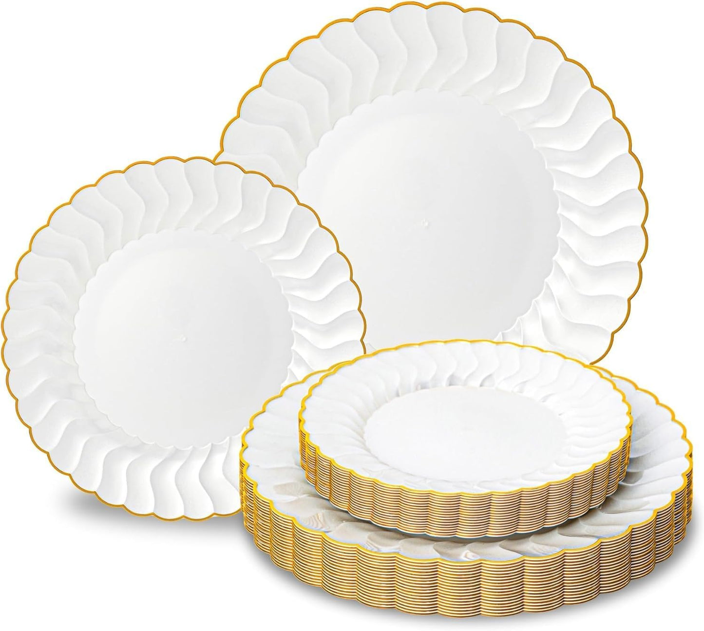 Lullaby 60PCS Ivory Scalloped Plastic Plates with Gold Rim, Disposable Elegant Plates Include 30pcs Dinner Plate 10.25", 30pcs Plastic Dessert Plate 7.5", Perfect for Wedding and Party