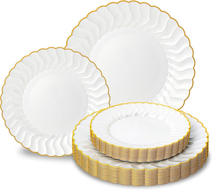 Lullaby 60PCS Ivory Scalloped Plastic Plates with Gold Rim, Disposable Elegant Plates Include 30pcs Dinner Plate 10.25", 30pcs Plastic Dessert Plate 7.5", Perfect for Wedding and Party