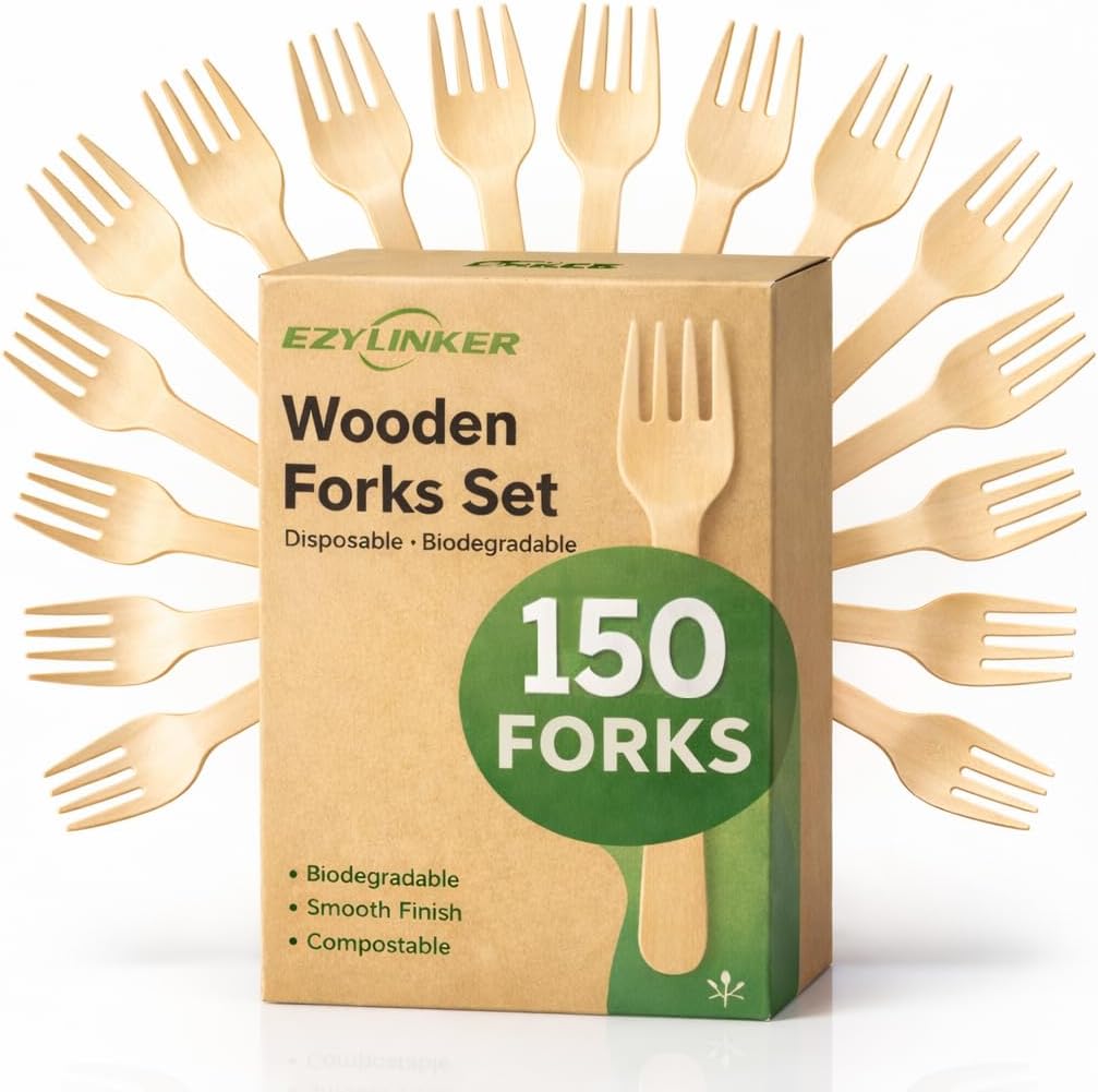 100% Compostable Cutlery Set - 150 Pieces Wooden Compostable Utensils [50 Forks, Knives, Spoons] - Disposable Wooden Cutlery, Eco Friendly Forks & Spoons Set Party Utensils