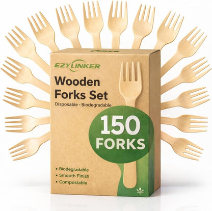 100% Compostable Cutlery Set - 150 Pieces Wooden Compostable Utensils [50 Forks, Knives, Spoons] - Disposable Wooden Cutlery, Eco Friendly Forks & Spoons Set Party Utensils