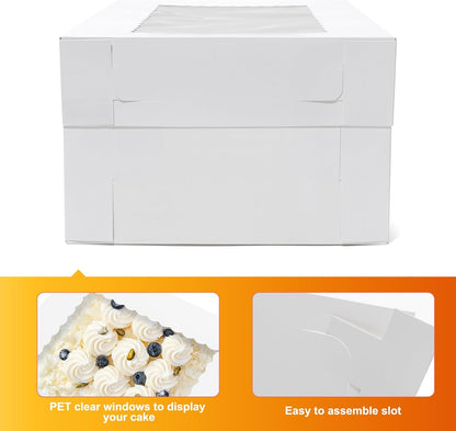 Wowxyz 14x10x4 Cake Boxes 6pcs Rectangle Quarter Sheet 1/4 Sheet Bakery Boxes with Window - Donuts, Pastry Baking Cake, Pie White Cardboard Treat Packaging
