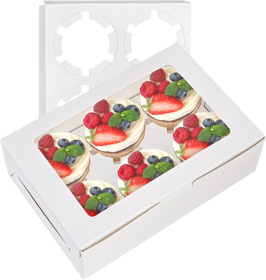 Jucoan 50 Pack White Paper Cupcake Box with Insert and Window Hold 6 Standard Cupcakes, Cupcake Carrier Container, Bakery Muffin Box for Pastry, Cookies, Birthday, Mother's Day, Wedding Party