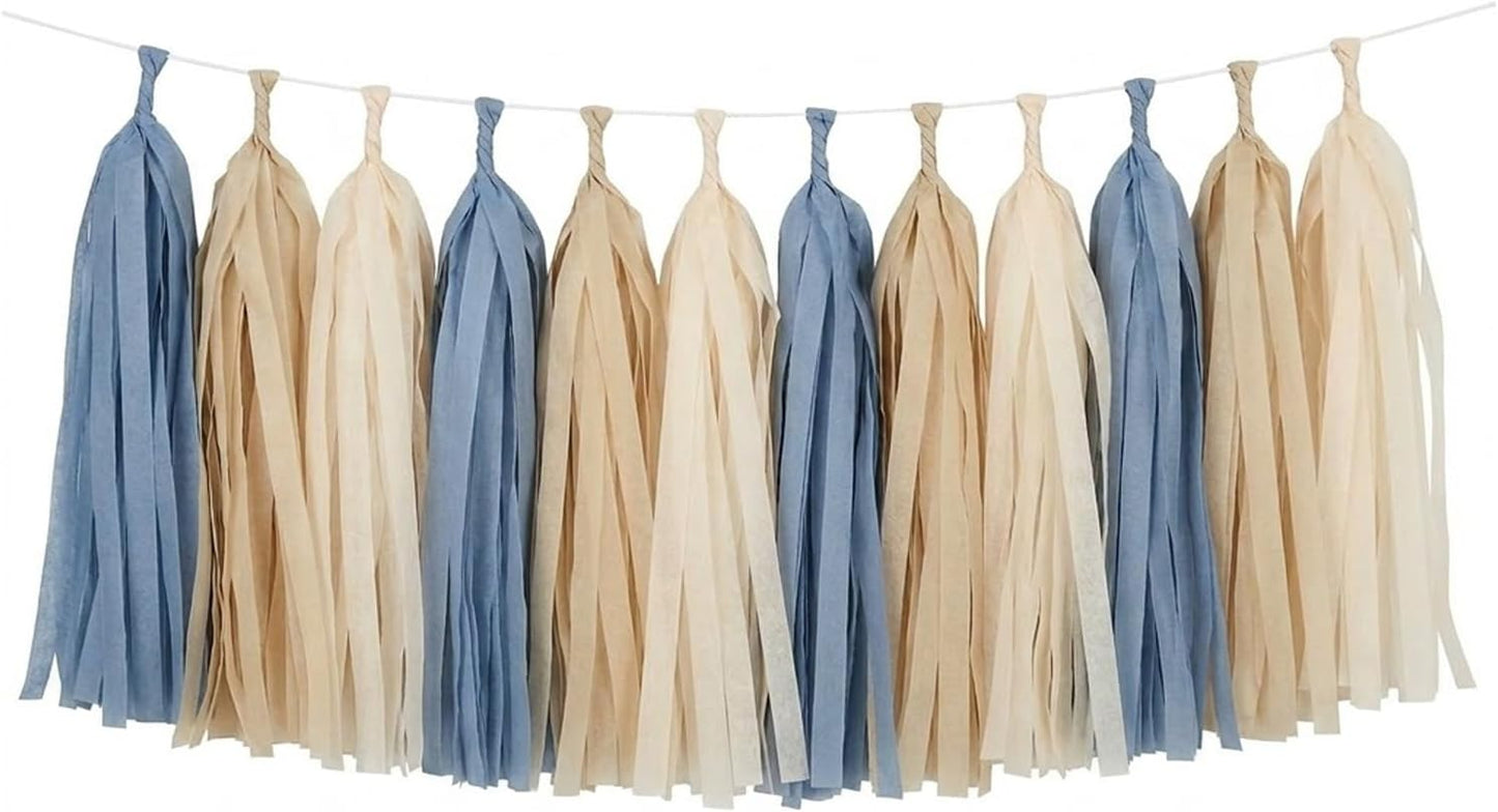 15PCS Dusty Blue Tan and Cream Tissue Paper Tassel Garland Fringe Streamers for Neutral Boho Boy Baby Shower Bunting Coastal Bachelorette Wedding First Birthday Nursery Wall Hanging Party Decor