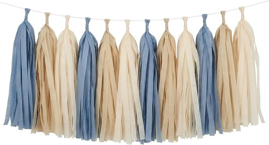 15PCS Dusty Blue Tan and Cream Tissue Paper Tassel Garland Fringe Streamers for Neutral Boho Boy Baby Shower Bunting Coastal Bachelorette Wedding First Birthday Nursery Wall Hanging Party Decor