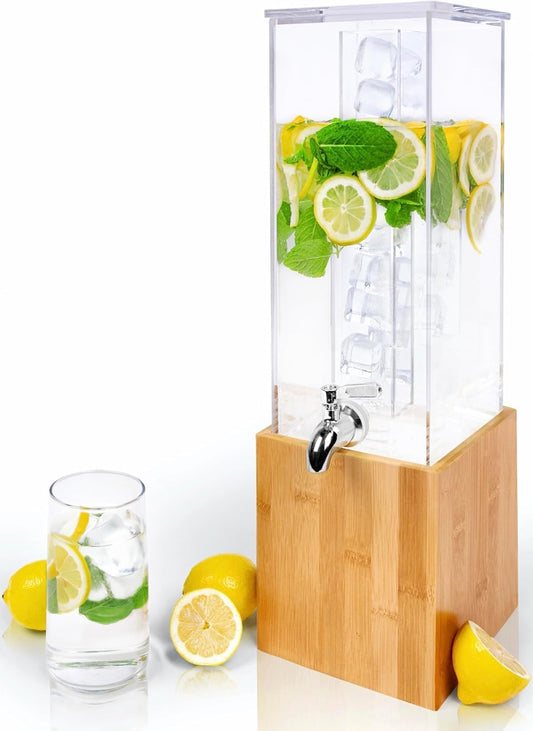 ACRYLIC Drink Dispenser- 1.25 GALLON Beverage Dispenser with Stand and Ice Core – Cold Drink Server for Parties and Events