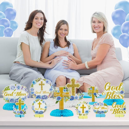 ANGOLIO White Gold Floral Honeycomb Centerpieces - 12Pcs Cross Rose Greenery God Bless Baptism Party Decoration Baby Shower First Communion Birthday Party Supplies for Boy Girl 3D Wedding Table Topper