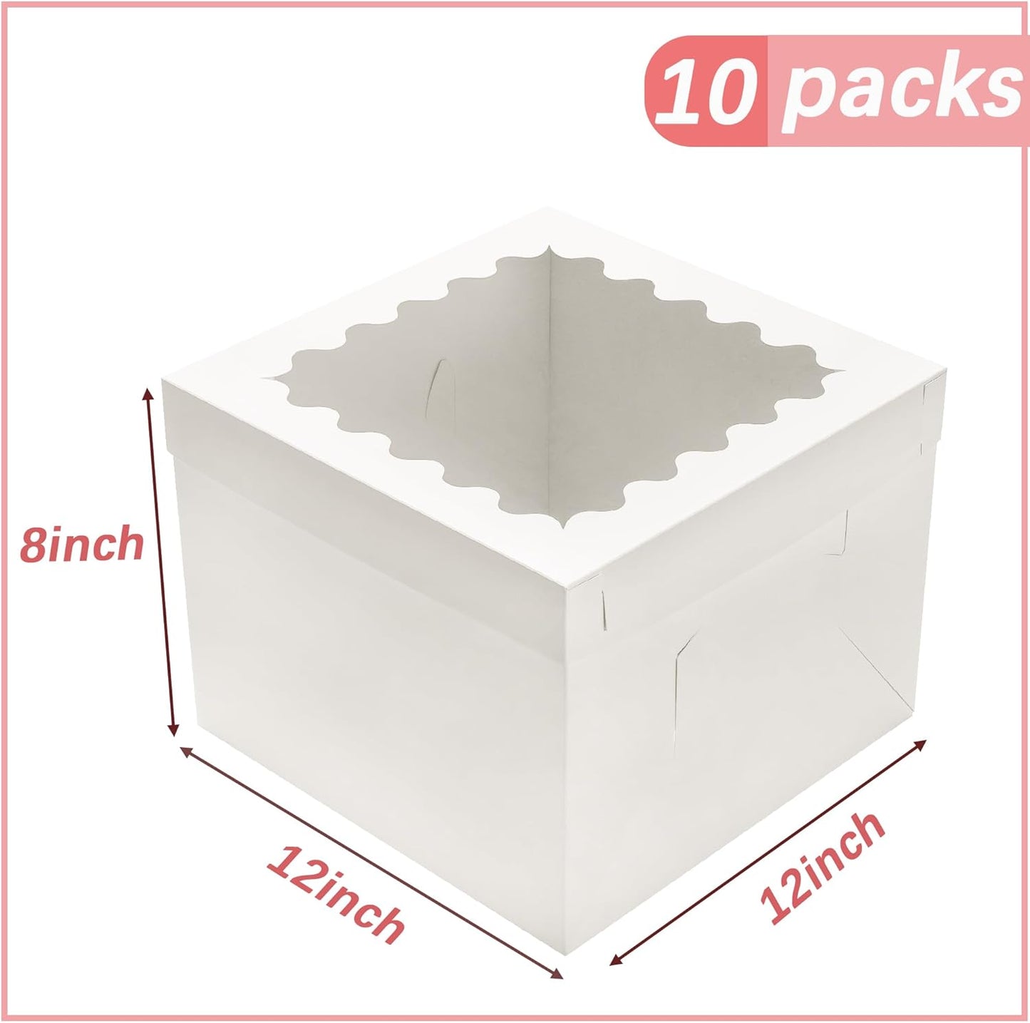 10pcs Cake Boxes 12 Inch, 12x12x8in White Bakery Boxes with Window,10in 12in Cake Boxes, Large Baking Boxes,Disposable Cake Containers with Lids