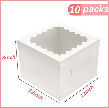 10pcs Cake Boxes 12 Inch, 12x12x8in White Bakery Boxes with Window,10in 12in Cake Boxes, Large Baking Boxes,Disposable Cake Containers with Lids