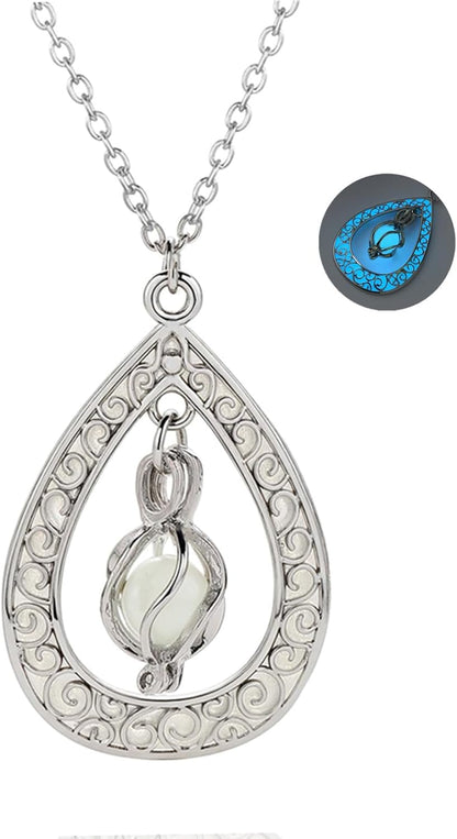 EEQQBZ Glow in The Dark Silver Teardrop shape necklace,Fantasy Glowing Jewelry Charm