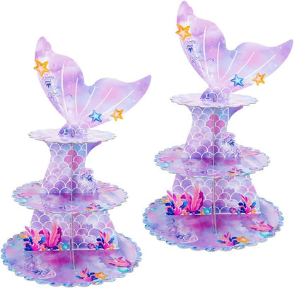 MRPAPA Pink Cardboard Cupcake Stand,2PCS Cup Cake Holder Thick Paper Dessert Tray, 3-Tier Round Serving Tray Perfect for Baby Girls Pink and Gold Birthday Baby Shower Party Supplies