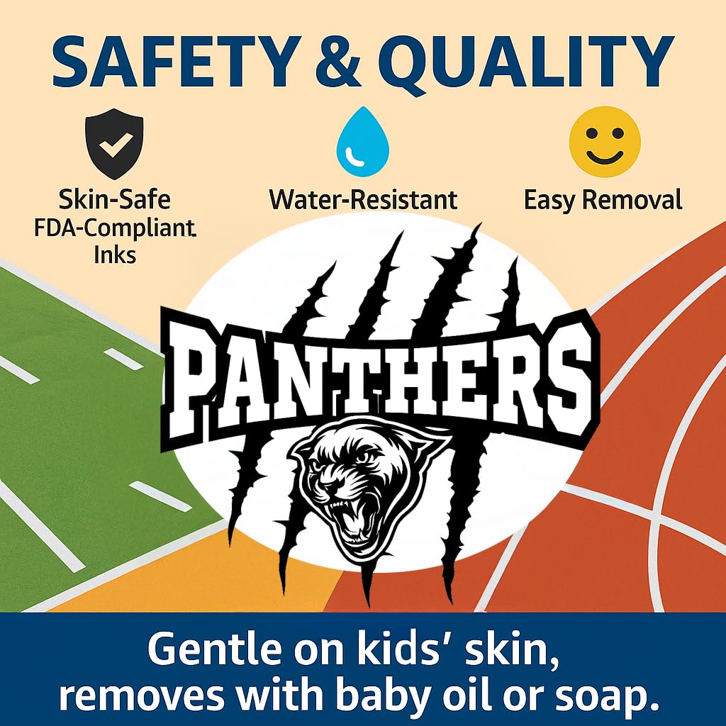 Panthers Mascot Temporary Tattoos for Kids – 25-Pack Pre-Cut, Skin-Safe and FDA Compliant – School Spirit and Sports Team Party Favors
