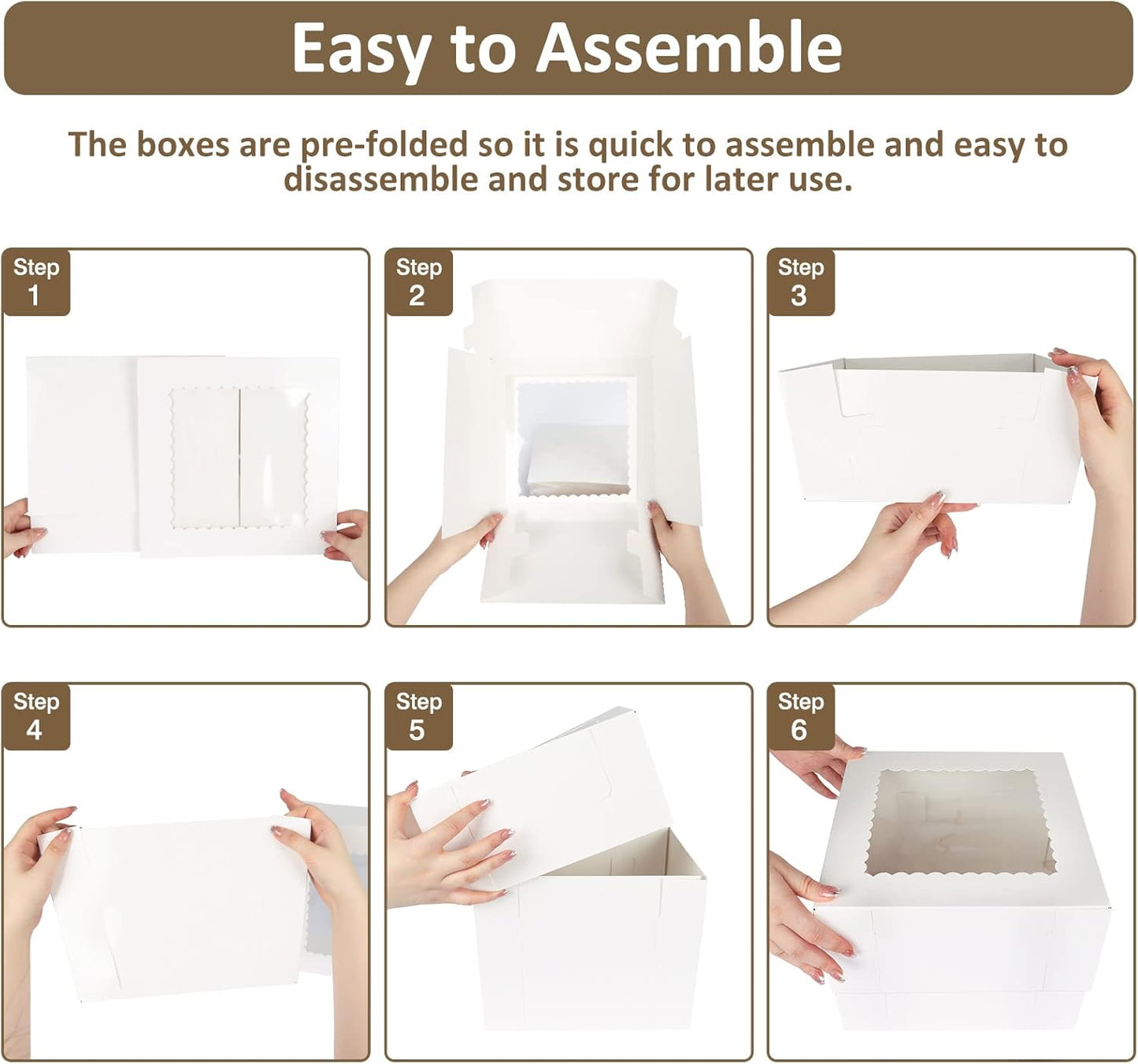 Moretoes 20pcs Cake Boxes, 10x10x8 Inches Tall Cake Box with Window, White Bakery Box, Large Baking Boxes with Window for Valentine's Day, Mother's Day, Pastries, Pies, Desserts