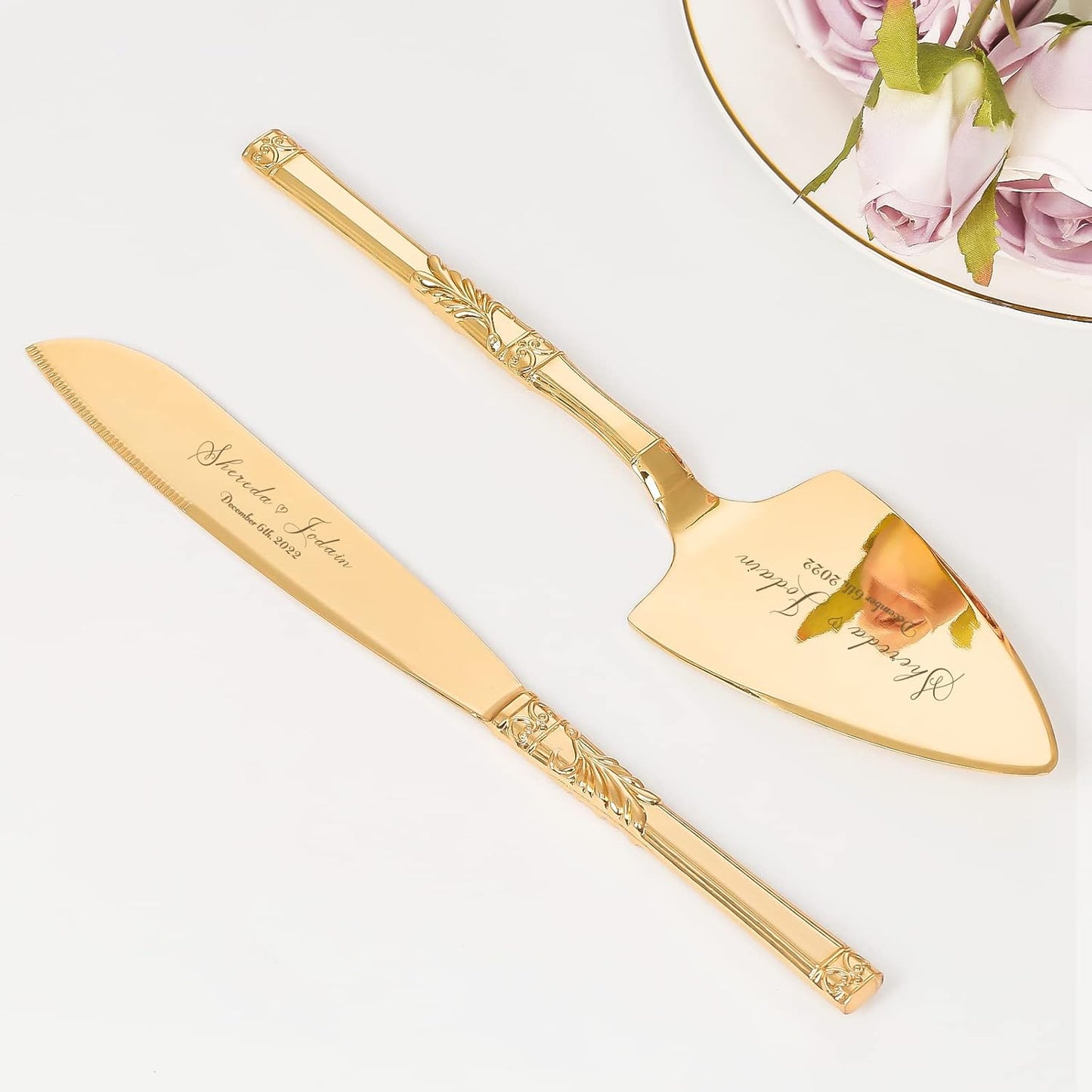 Cake Cutting Set for Wedding, Personalized Gold Cake Knife and Server Set, Custom Cake Serving Set, Engraved Pastry Pie Server Cake Pizza Cutter, Birthday Bridal Gift (F-Classic)