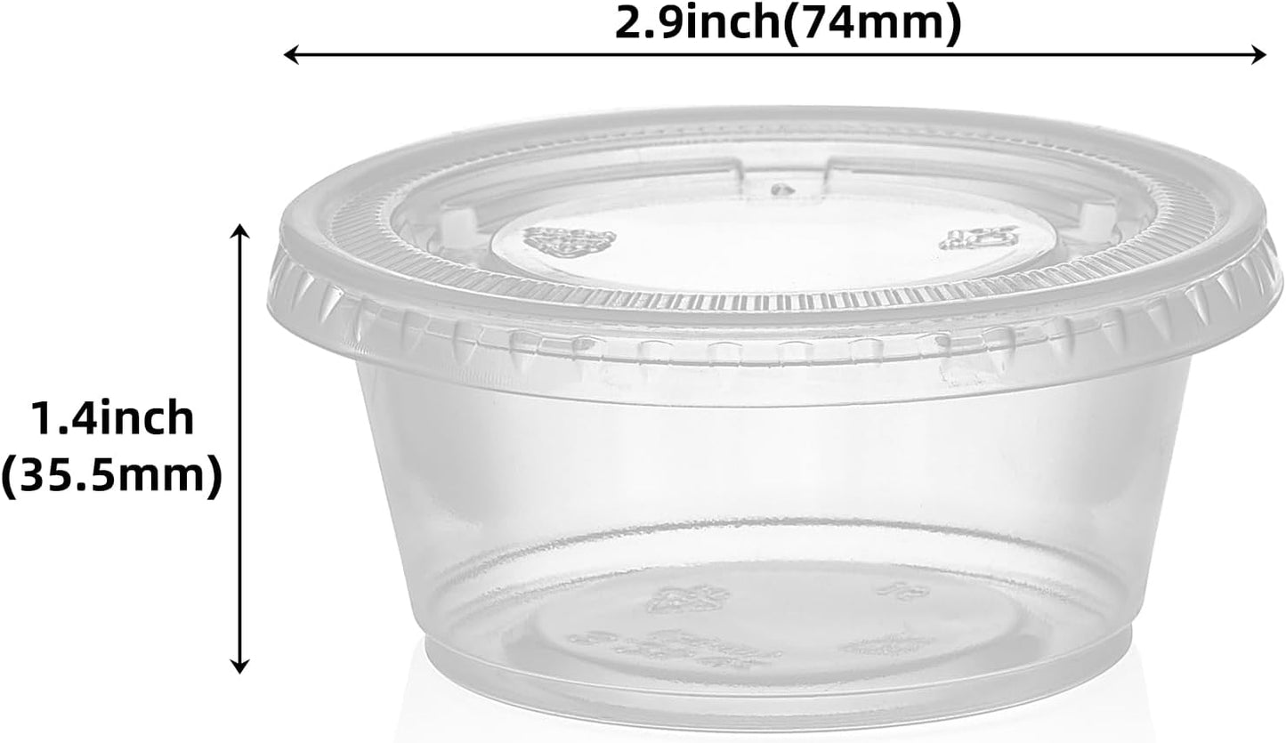 2oz Crystal Jello Shot Cups with Lids 100 Set, Leakproof & Freezer Safe Small Meal Prep Plastic Portion Cups for Salad Dessert Condiment Sauce Souffle, Food Storage Cups for Lunch Party Trips