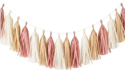 15PCS Dusty Rose Pink Boho Paper Tassel Garland Banner Party Streamer Backdrop for Wedding Girl Baby Shower Birthday Classroom Nursery Hanging Decoration