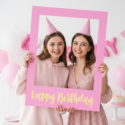 Beeveer 32 x 24 Inch Extra Large Happy Birthday Photo Booth Selfie Frame Props Picture DIY Cutouts Photo Backdrop Cardboard Props for Party Supplies Favors(Vertical,Shiny Gold)