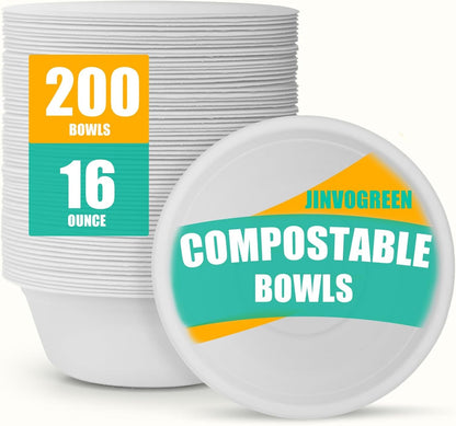 JINVOGREEN 200 Count 12 oz Paper Bowls, Disposable Compostable Bowls Bulk, Heavy Duty Biodegradable Bagasse Bowl for Snacks, Soup, and Salads, White