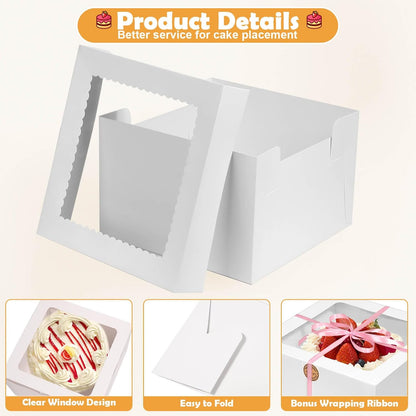 12 Pcs Cake Boxes 12 inch,12x12x8 Inches Cake Box with Window, 5 Pcs Tall 12x12 Cakes Boxes with 5 Pcs Cake Boards, Large Baking Boxes, White Square Cakes Containers for Multi-Layer Cakes