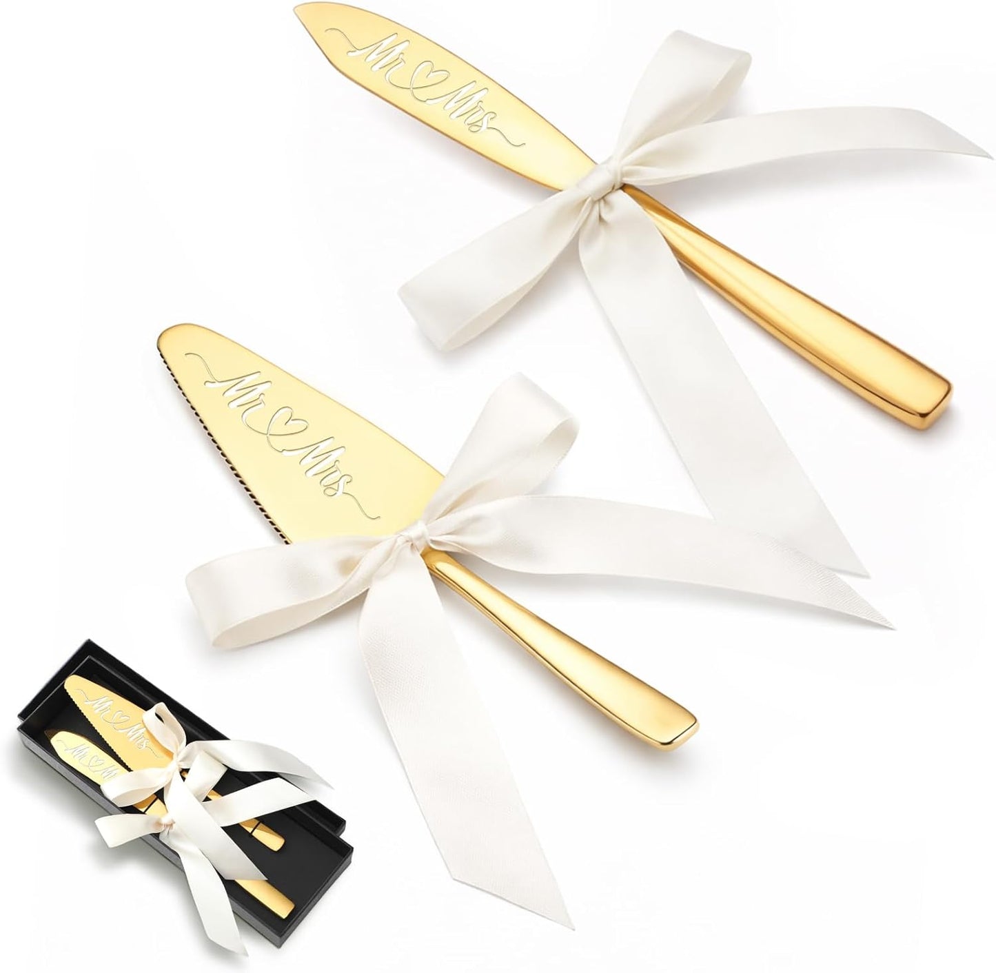 2 Pcs Bow Gold Wedding Cake Knife and Server Set Ivory White Ribbon Bow Mr Mrs Cake Cutting Set Boho Pastry Pie Server Pizza Cutter for Engagements Anniversaries Gifts for Couples