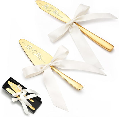 2 Pcs Bow Gold Wedding Cake Knife and Server Set Ivory White Ribbon Bow Mr Mrs Cake Cutting Set Boho Pastry Pie Server Pizza Cutter for Engagements Anniversaries Gifts for Couples