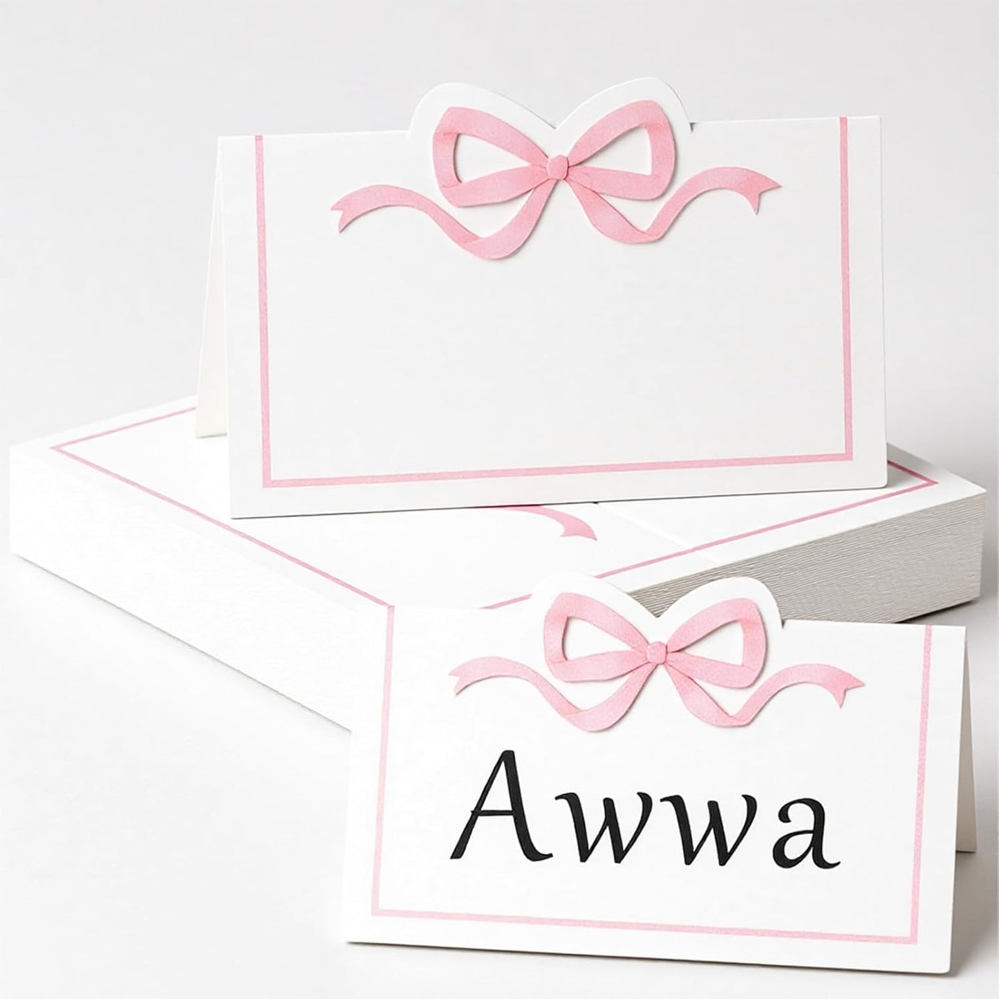 Wedding Place Cards, 50 Pcs Pink Bow Name Cards for Table Setting, Folded Tent Card for Baby Shower, Bachelorette Party & Bridal Shower, 3.54 x 1.96 Inch (Pink)