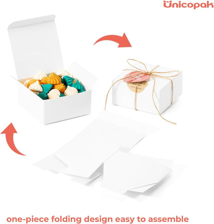 UnicoPak 20 Pack 4x4x2 White Small Gift Boxes - Food Grade Cardboard Treat Boxes for Candy, Fudge, Cookies - Small Square Boxes for Ornaments, Jewelry Trinkets, Party Favors, Small Business Packaging