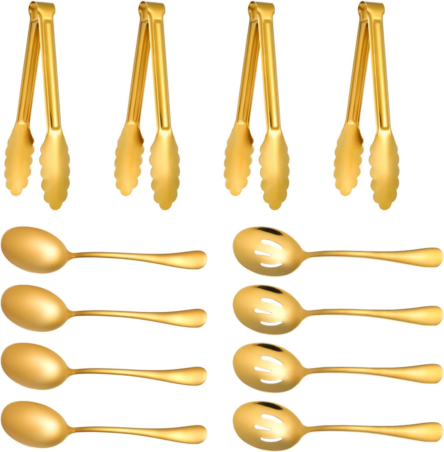 12 PCS Gold Stainless Steel Serving Utensils Sets - Large Serving Spoons,Slotted Spoons,Serving Tongs,Appetizer Tongs,Utensils Sets for Buffet Catering Banquet Party (Gold)