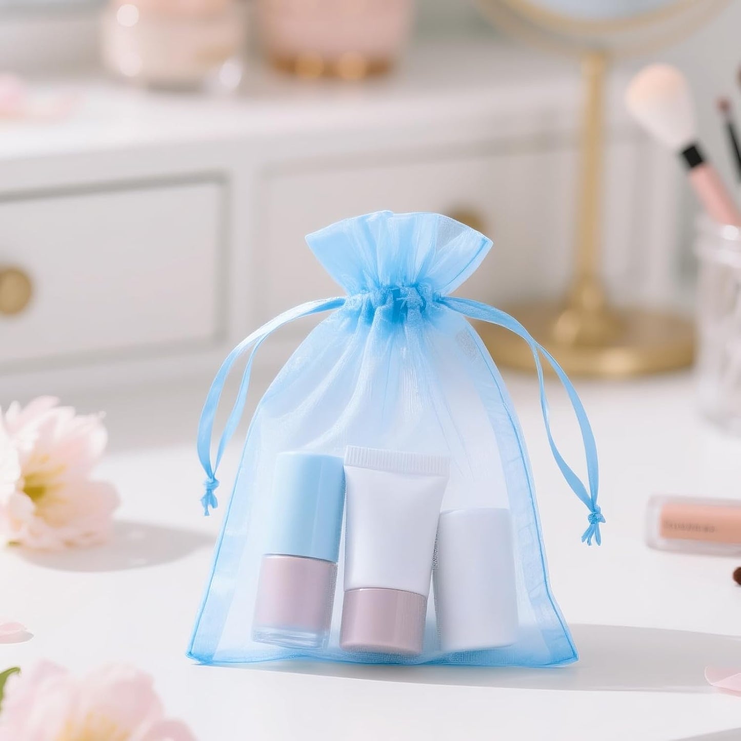 joycraft 50Pcs Organza Bags, 2x3 inch Gift Favor Bags, White Wedding Favor Bags, Jewelry Pouches with Drawstring, Mesh Bags Drawstring for Jewelry, Festival, Makeup, Candy, Desserts
