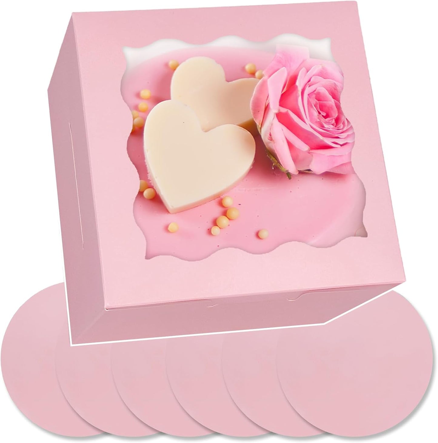 Bakepacker 36pcs 6x6x5 Inches with Window 18-Packs White 6 Inch Bakery Boxes (18 Cake Boxes +18 Cake Boards + 10 Meters Silk Ribbon Includes Included)