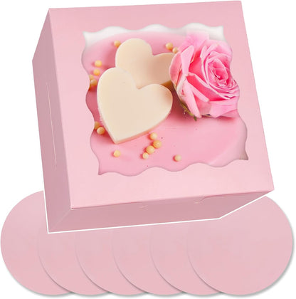 Bakepacker 36pcs 6x6x5 Inches with Window 18-Packs White 6 Inch Bakery Boxes (18 Cake Boxes +18 Cake Boards + 10 Meters Silk Ribbon Includes Included)