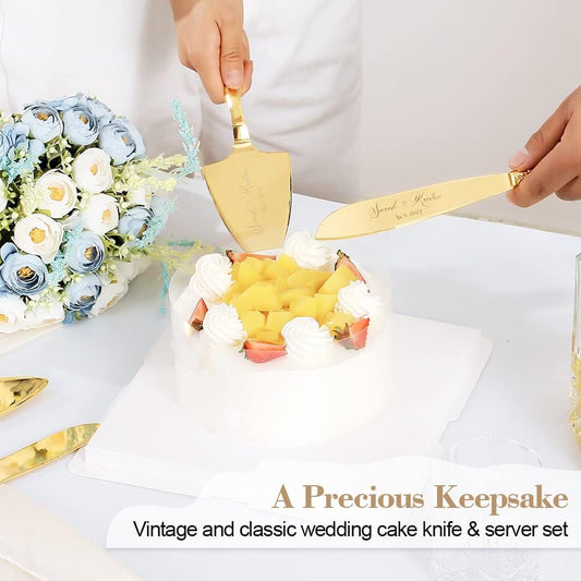 Cake Cutting Set for Wedding, Personalized Gold Cake Knife and Server Set, Custom Cake Serving Set, Engraved Pastry Pie Server Cake Pizza Cutter, Birthday Bridal Gift (F-Classic)