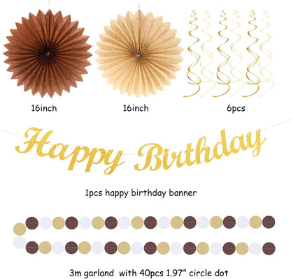 Champagne-Gold Beige Fall Boho Birthday Party-Decorations - 21pcs Autumn Neutral Retro Happy Banner,Girl One Sweet Peach Paper Streamers Lanterns,Tissue Pom Poms Fan,Rustic Backdrop Decor Huglony