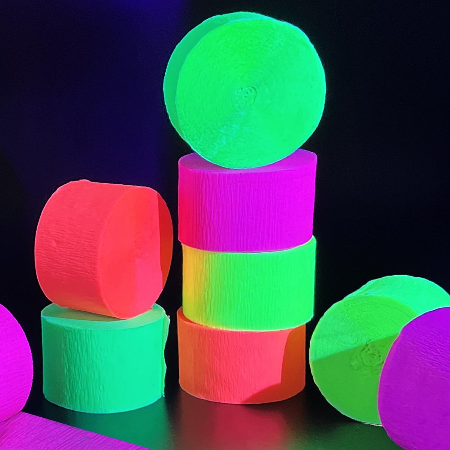 600 feet Glow Crepe Paper Streamers UV Glow Party Neon Streamer Decorations Glow in The Dark Black Light Reactive Fluorescent Neon Paper Party Streamers Wedding Birthday Blacklight Party Supplies
