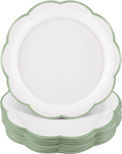 NatNarr 30 Pcs Sage Green Paper Plates, 7 Inch Scalloped Paper Plates Small Dessert Cake Plate Cute Party Plate Disposable Sage Greens Party Supplies for Wedding, Baby Bridal Shower, Birthday