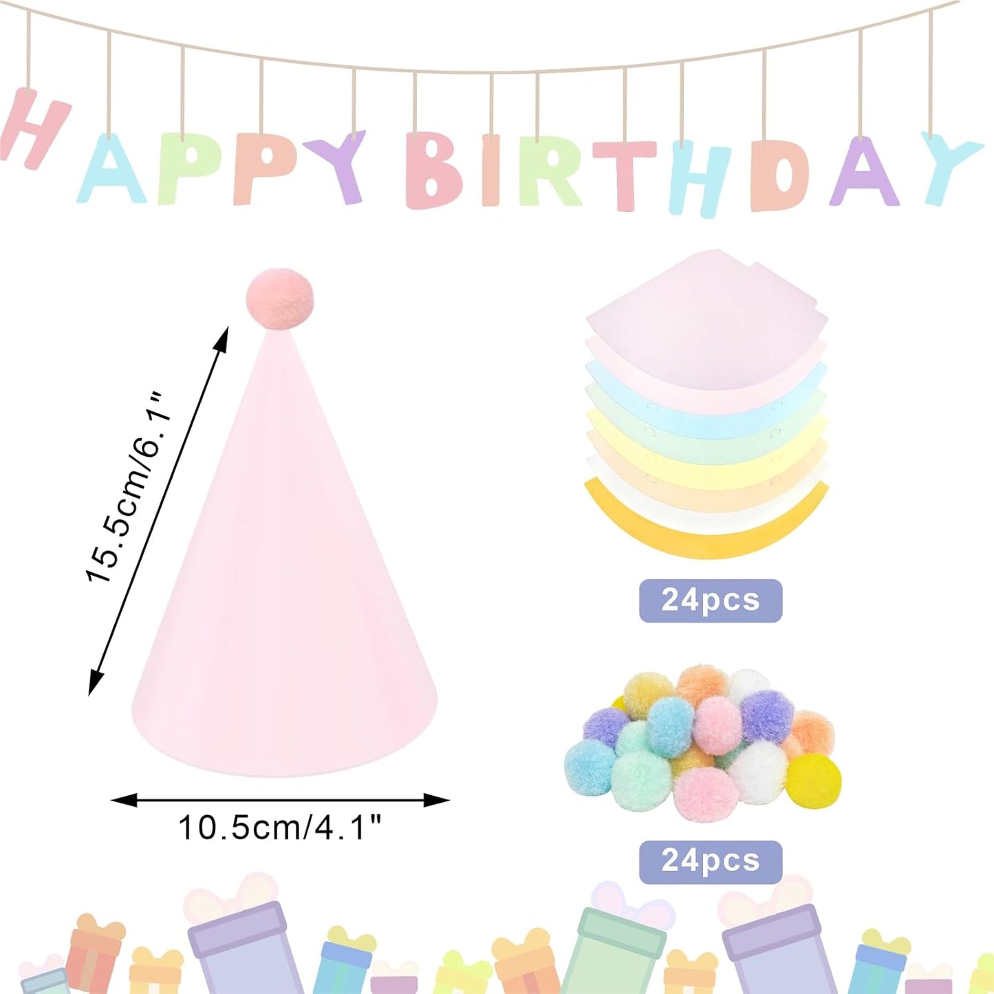 24 Pack Birthday Party Hats,8 Colors Cone Party Hat for Kids Adults Pets