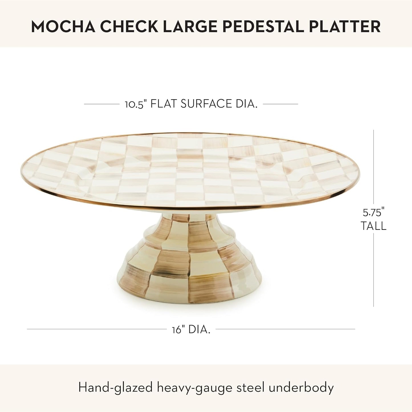 MACKENZIE-CHILDS Enamel Pedestal Platter, Round Cake Stand, Large, Black-and-White Courtly Check