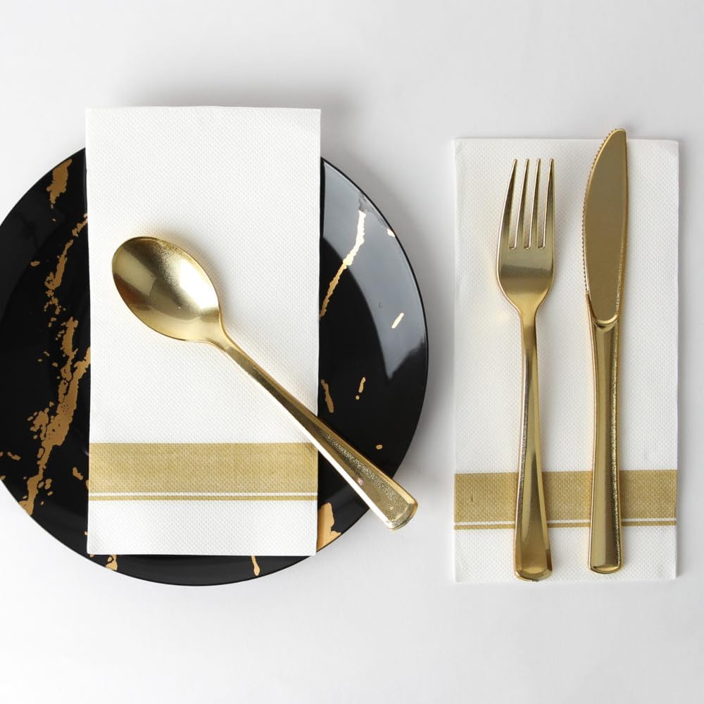 Rectangle Cloth-Like White Napkins with Gold Border, 50 Pack Fancy Paper Napkins, 22" x 22" Disposable Dinner Napkins - Decorative For Parties, Weddings, Dinners, Upscale Parties & Events