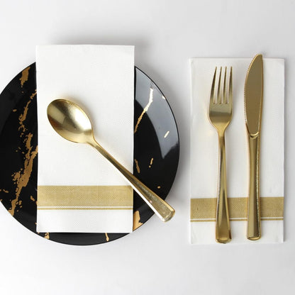 Rectangle Cloth-Like White Napkins with Gold Border, 50 Pack Fancy Paper Napkins, 22" x 22" Disposable Dinner Napkins - Decorative For Parties, Weddings, Dinners, Upscale Parties & Events