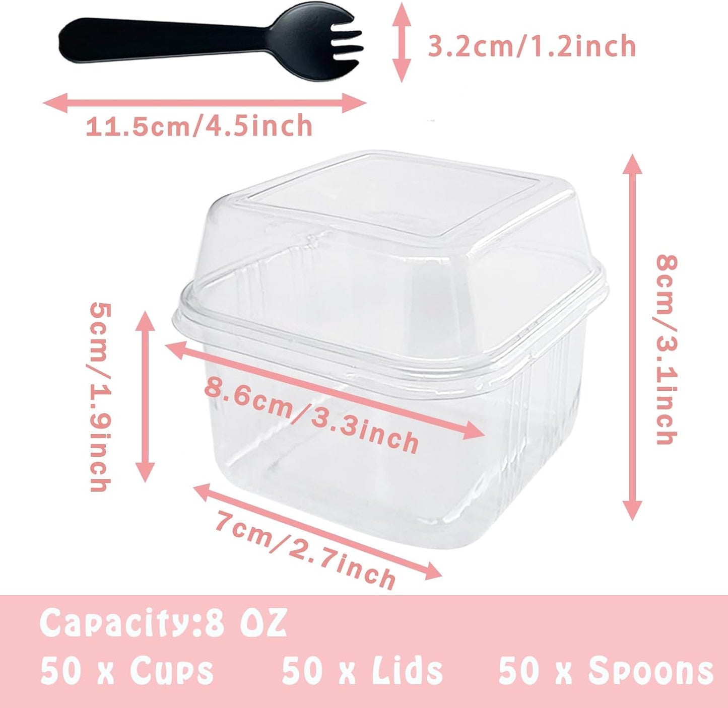 100Pcs 8oz Plastic Dessert Cups with Lids and Spoons,Disposable Parfait Cup Square Cake Containers for Party Favor,Mousse,Yogurt,Pudding,Snacks,Fruits,50 Sets
