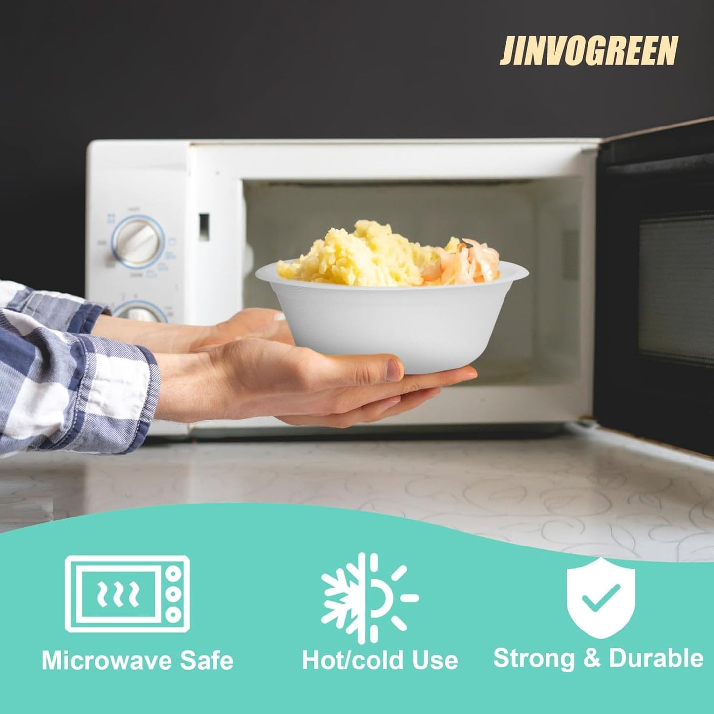 JINVOGREEN 200 Count 12 oz Paper Bowls, Disposable Compostable Bowls Bulk, Heavy Duty Biodegradable Bagasse Bowl for Snacks, Soup, and Salads, White